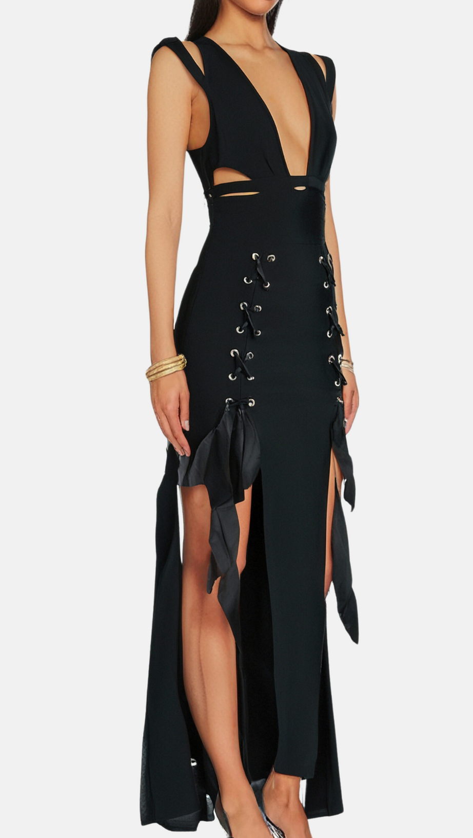 HOLLOW DOUBLE SLIT RIBBON MIDI DRESS IN BLACK