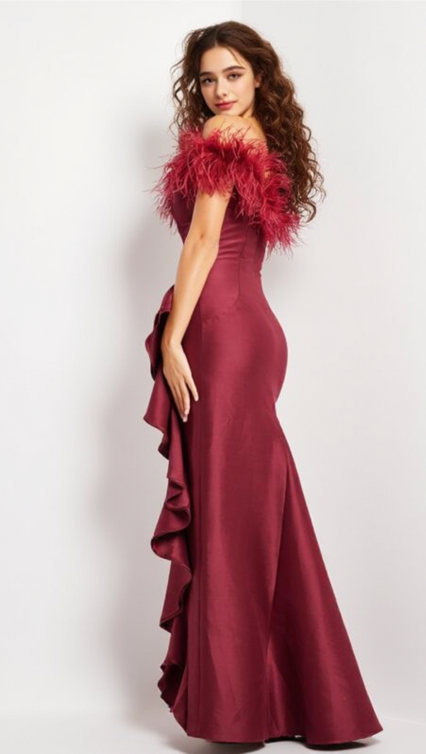 AIIZIE DRAPED SHEATH FEATHER DETAIL MAXI DRESS IN RED - product image