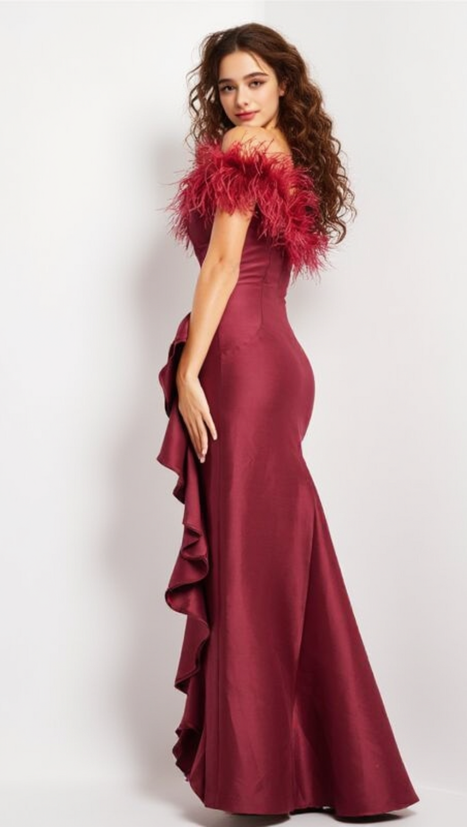 DRAPED SHEATH FEATHER DETAIL MAXI DRESS IN RED