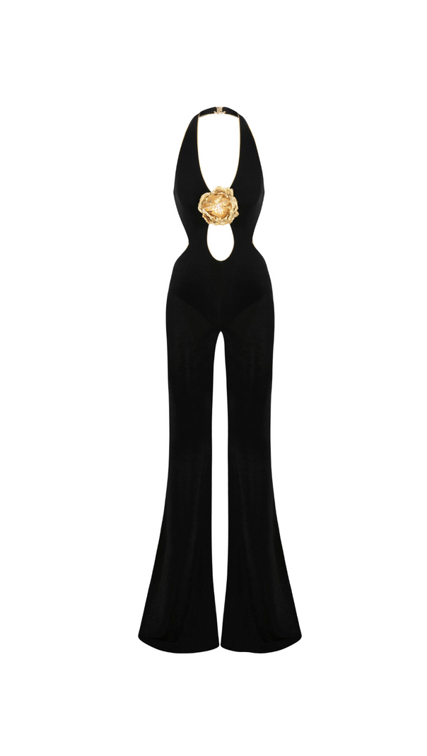 AIIZIE CHRISTINE BLACK JUMPSUIT WITH GOLD FLOWER DETAILS - product image