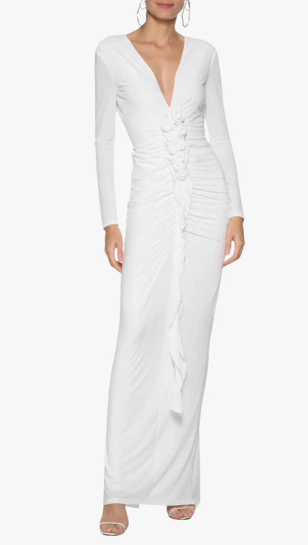 AIIZIE ELSA V NECK FLOWER RUCHED MAXI DRESS IN WHITE - product image
