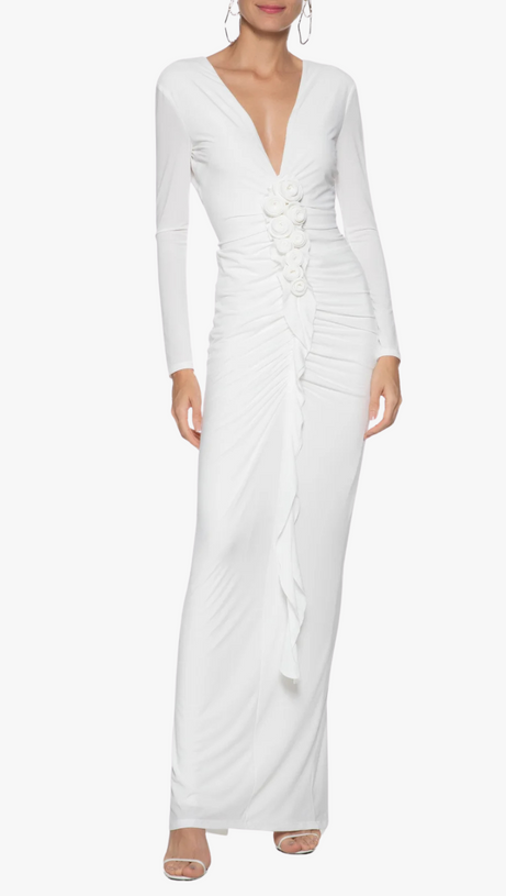 ELSA V NECK FLOWER RUCHED MAXI DRESS IN WHITE