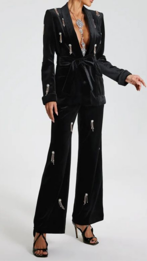 AIIZIE VELVET DIAMOND EMBELLISHED BLAZER 2 PIECE IN BLACK - product image