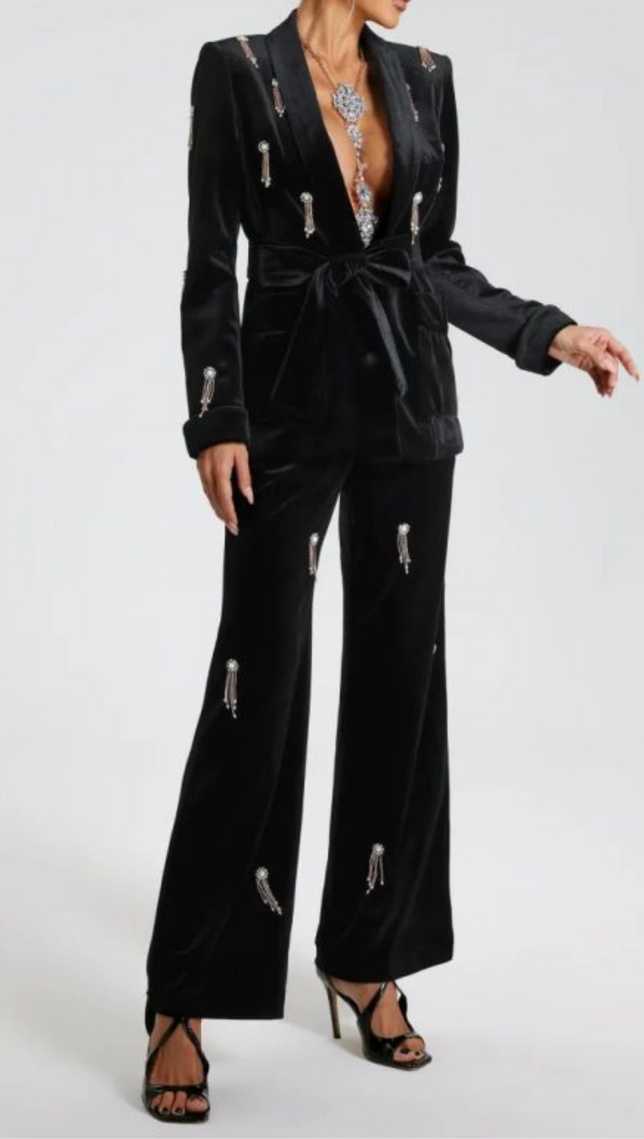 BLAZER IN VELLUTO CON DECORAZIONI A DIAMANTI, COMPOSTO DA 2 PEZZI, NERO