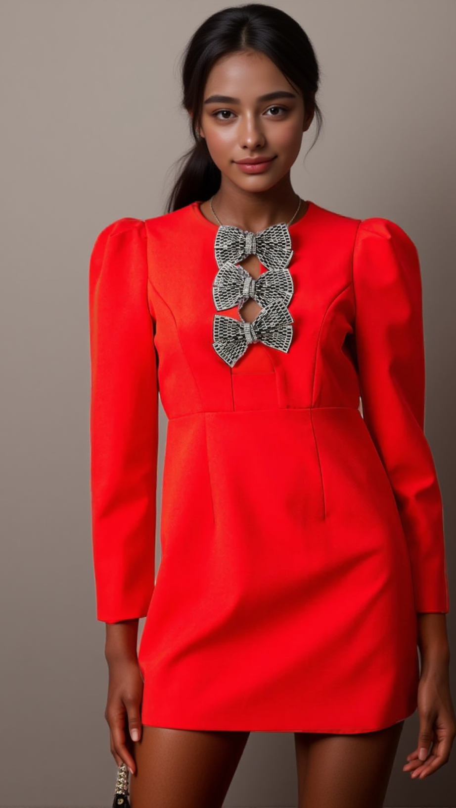 CLEMENCE RED STUDDED-BOW SPLIT MINI DRESS