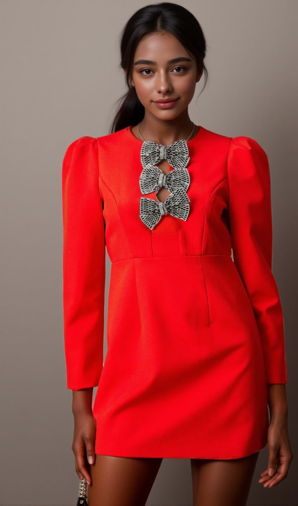 CLEMENCE RED STUDDED-BOW SPLIT MINI DRESS