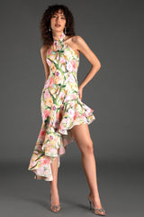 Gereas Halter Floral Ruffle Dress