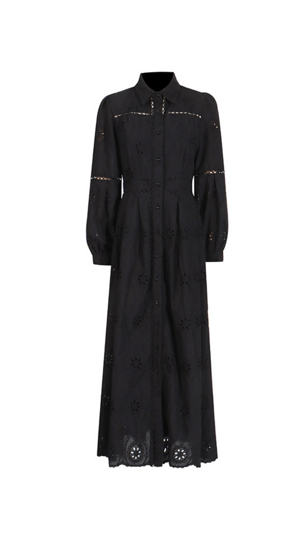 AIIZIE RETRO SINGLE-BREASTED HOLLOW LACE MIDI DRESS IN BLACK - product image