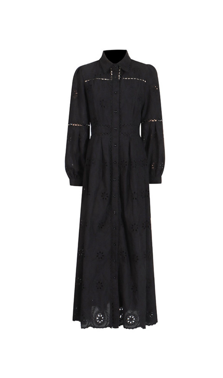 retro single-breasted hollow lace midi dress in black