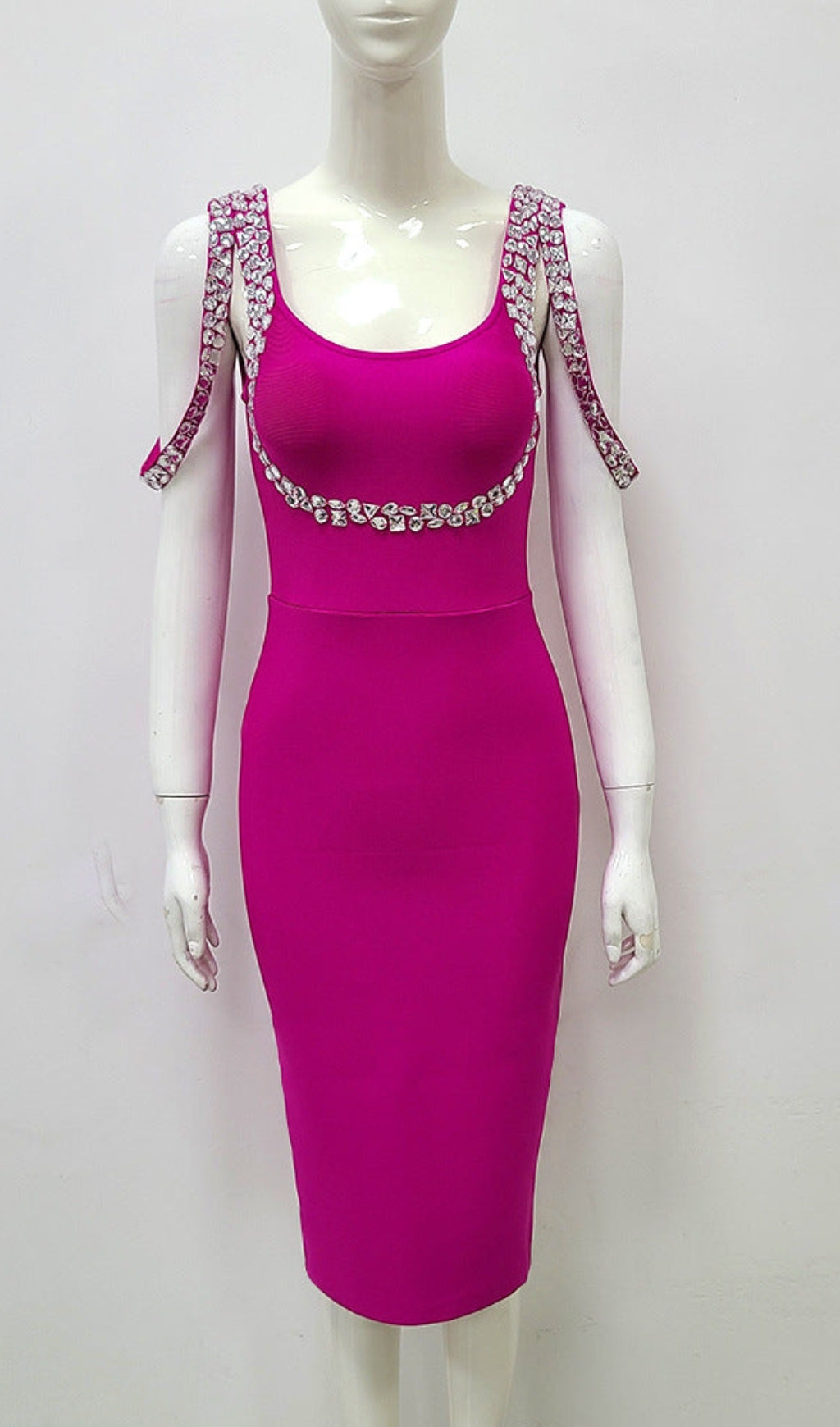 CRYSTAL BANDAGE MIDI DRESS IN HOT PINK