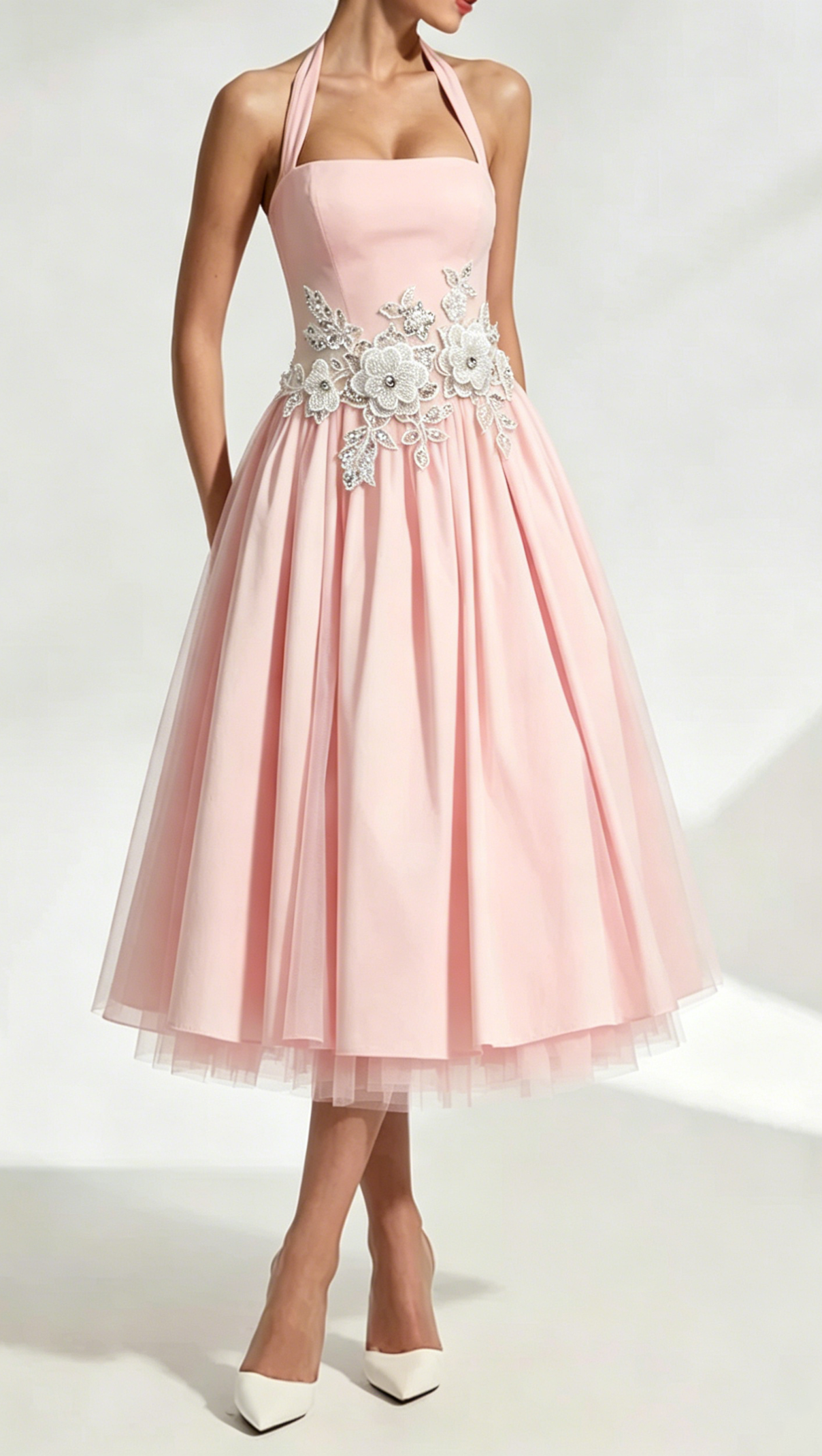 Lace Embroidery Cressida backless puffy Midi Dress - Blush