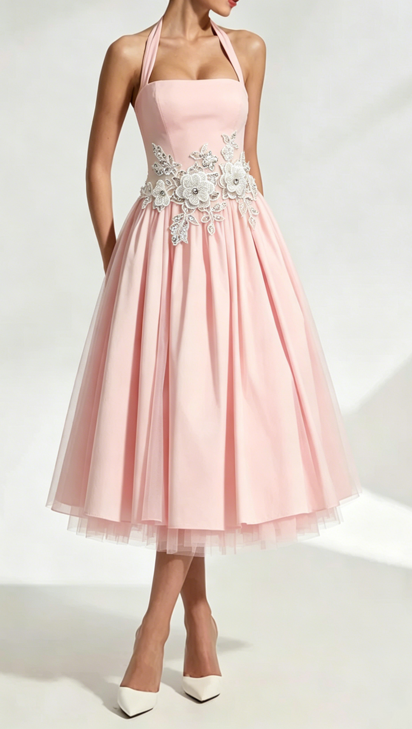 Lace Embroidery Cressida backless puffy Midi Dress - Blush