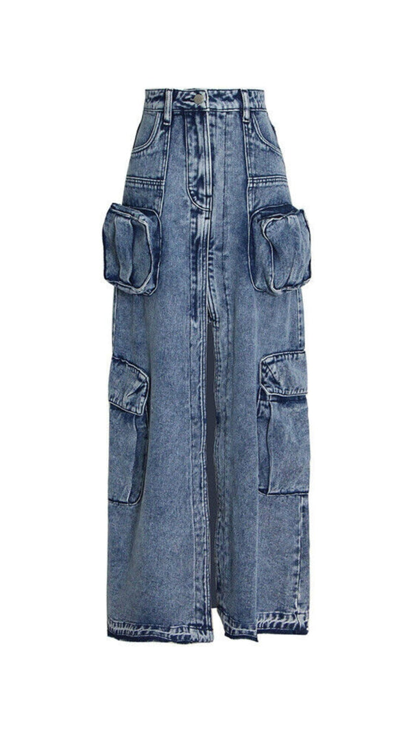 AIIZIE POCKET SPLIT DENIM SKIRT IN BLUE - product image