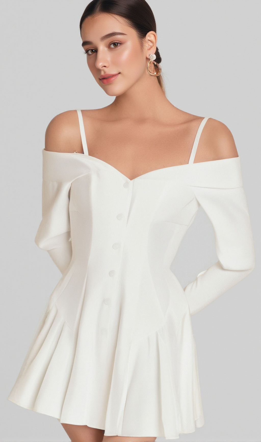 OFF-SHOULDER PLEATED TRIM MINI DRESS IN WHITE
