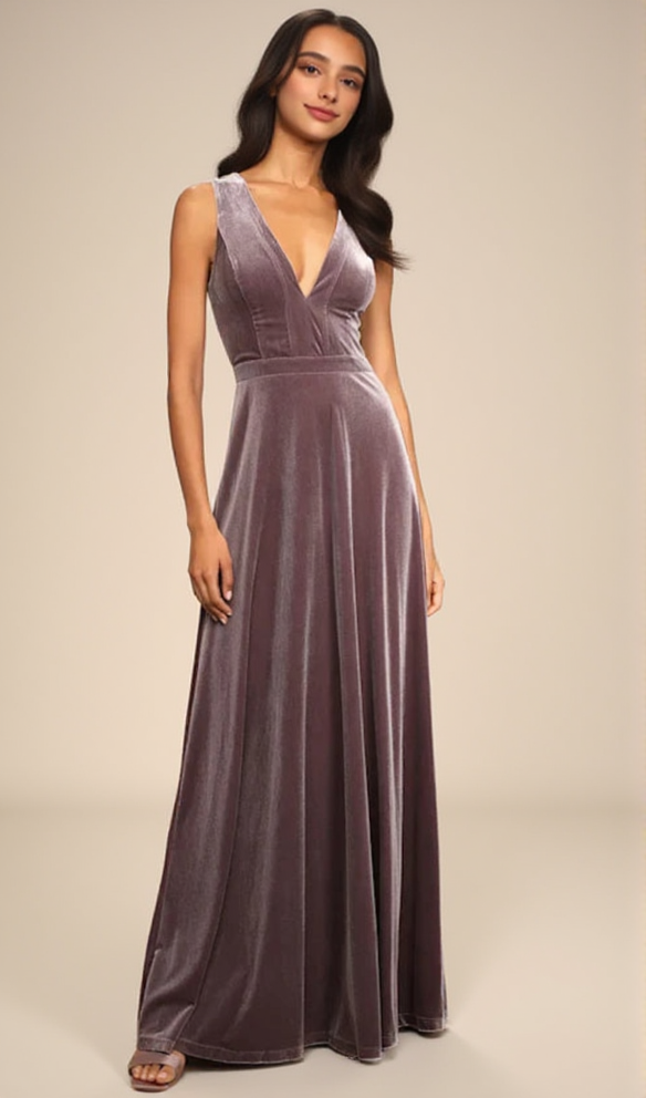 BEAUTIFUL NIGHT DUSTY PURPLE VELVET SLEEVELESS MAXI DRESS