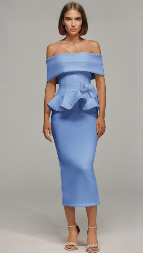 ELEANORE OFF THE SHOULDER  RUFFLED EDGE BLUE MIDI DRESS