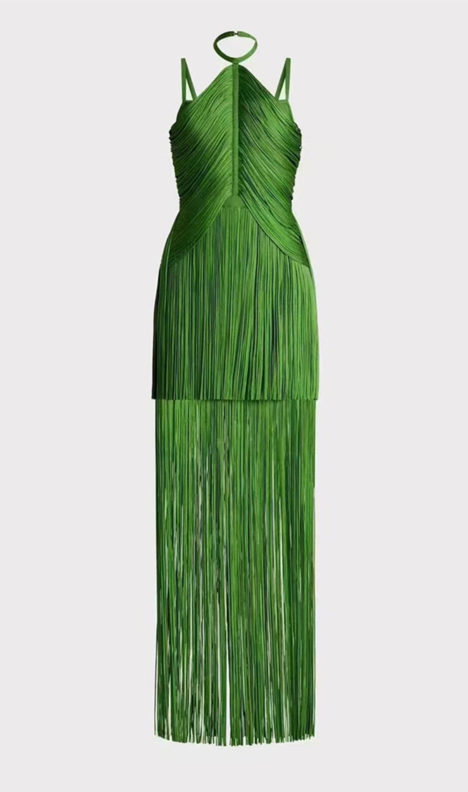 Abito lungo verde con scollo all'americana e orlo con frange, abito da sera e da ballo 