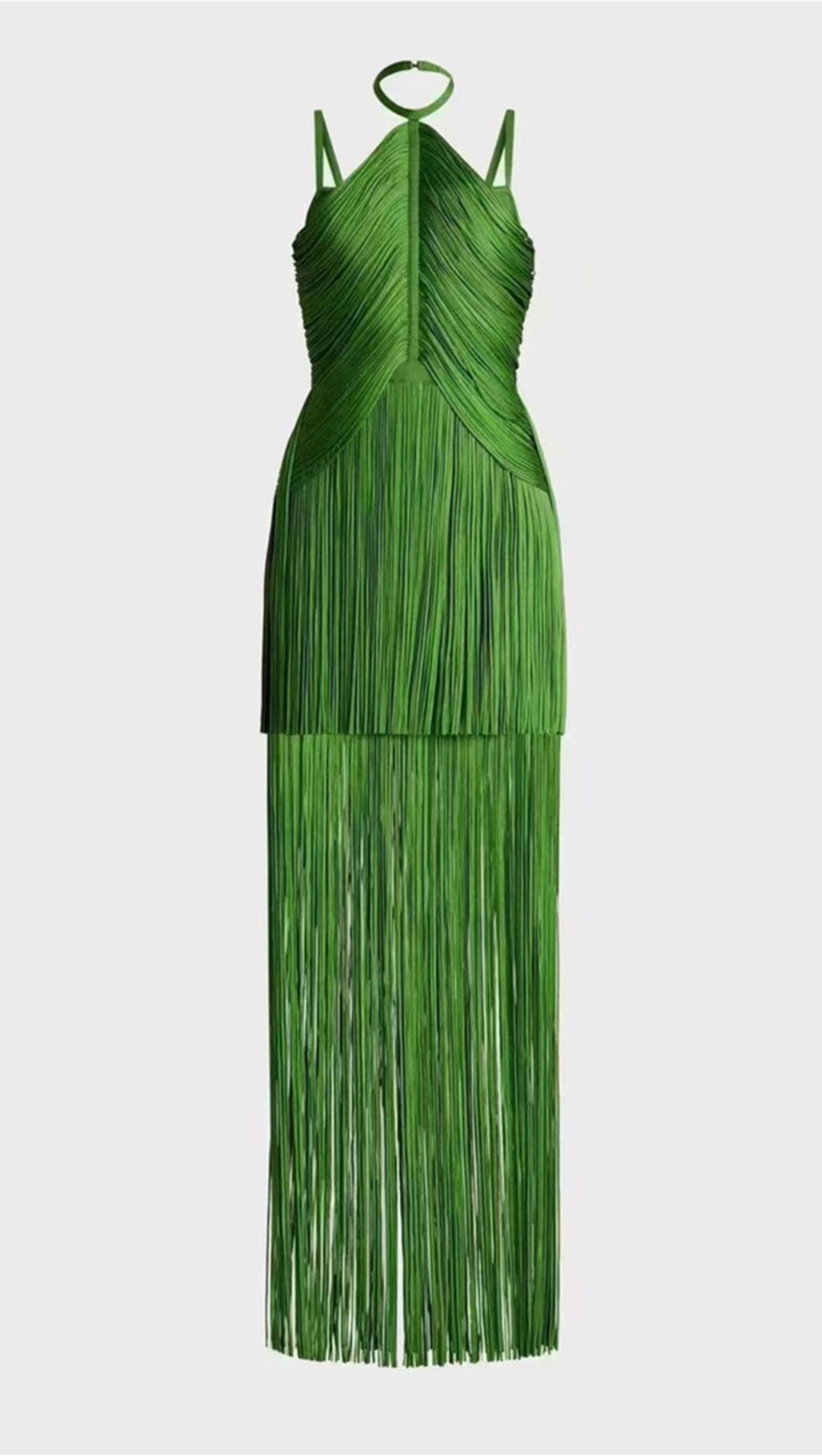 ABITO LUNGO VERDE CON SCOLLO A TRIANGOLO E FRANGE, ABITO DA BALLO DA SERA