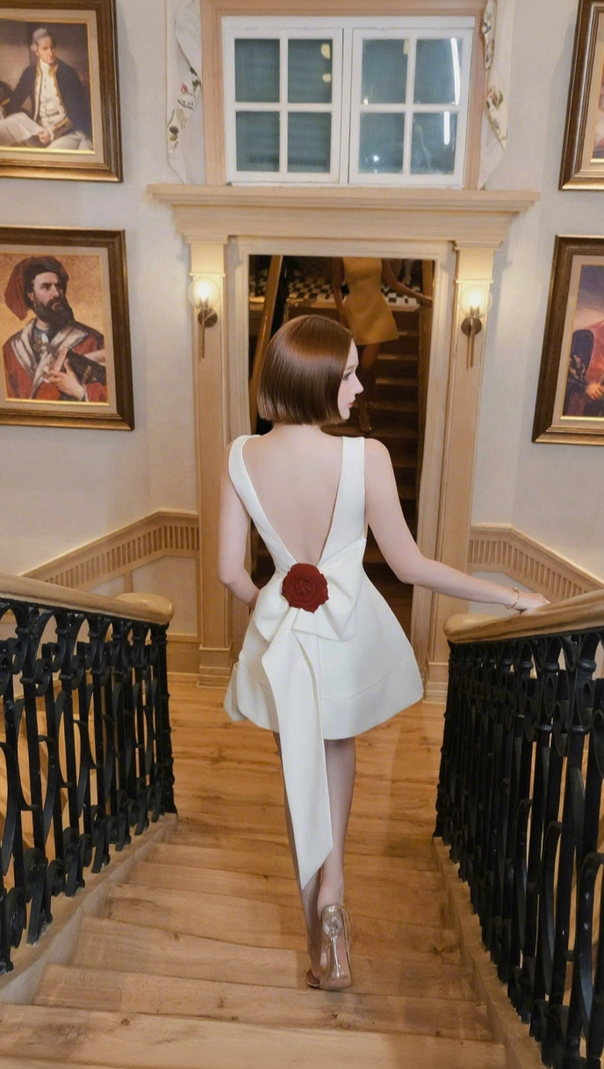 AIIZIE JOANNA BACKLESS FLOWER BOW EMBELLISHED MINI DRESS IN WHITE - product image