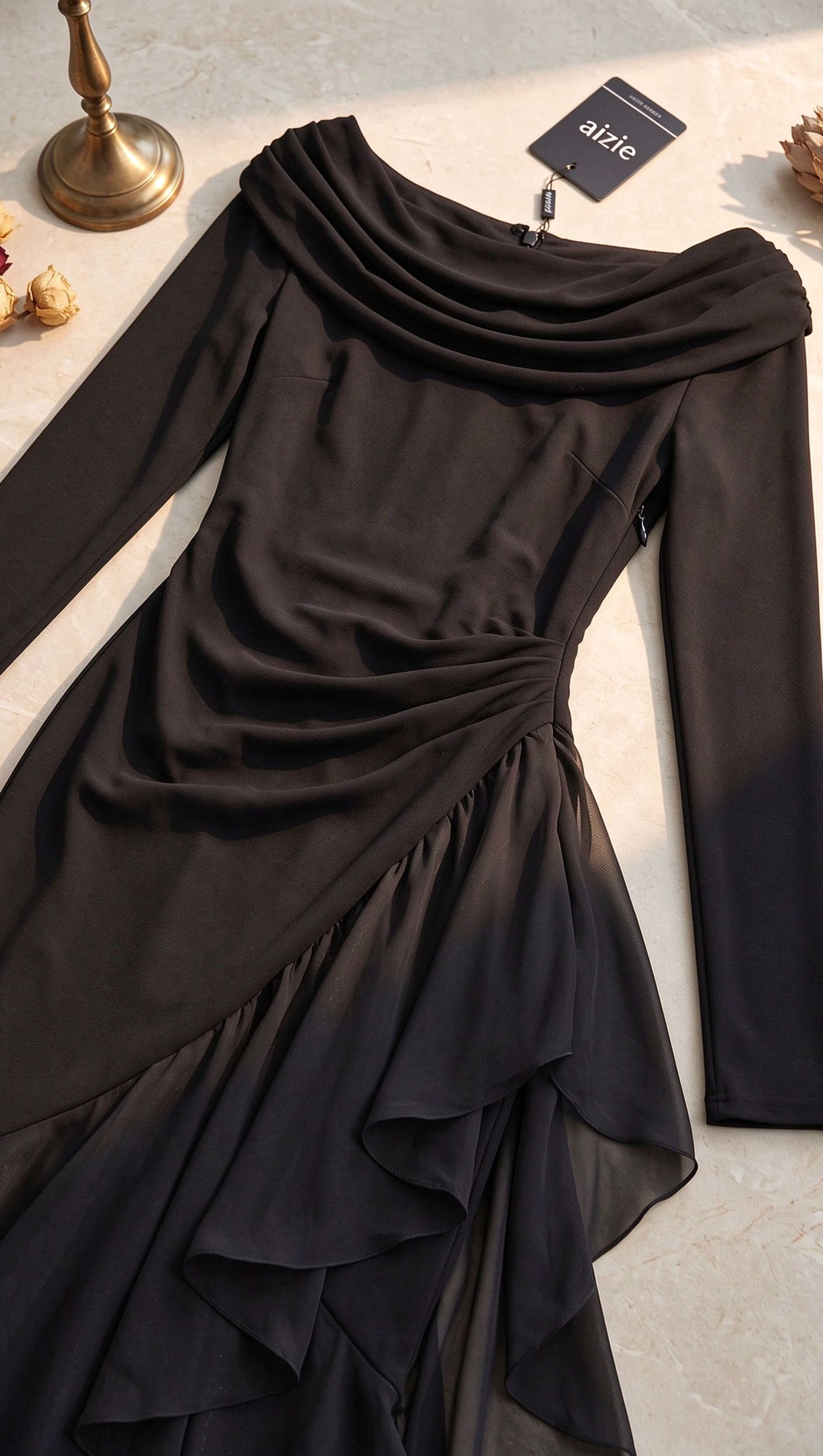 Black Mermaid Evening Gown with Sheer Ruffle Detail