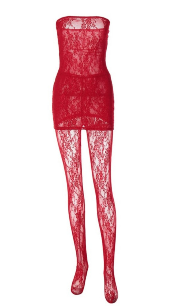 AIIZIE STRAPLESS LACE JUMPSUIT IN RED - product image