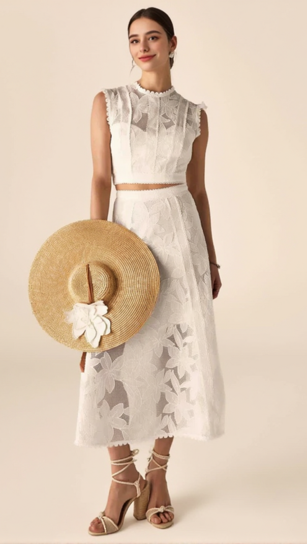 AIIZIE GUIPURE MESH MIDI SKIRT CROP TOP SET IN WHITE - product image
