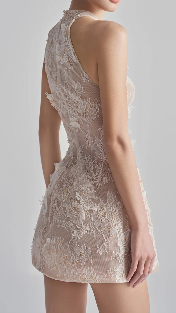 AIIZIE FLORAL LACE MINI DRESS IN BEIGE ORANGE - product image