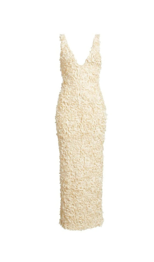 3d rose appliqués Maxi Dress in beige