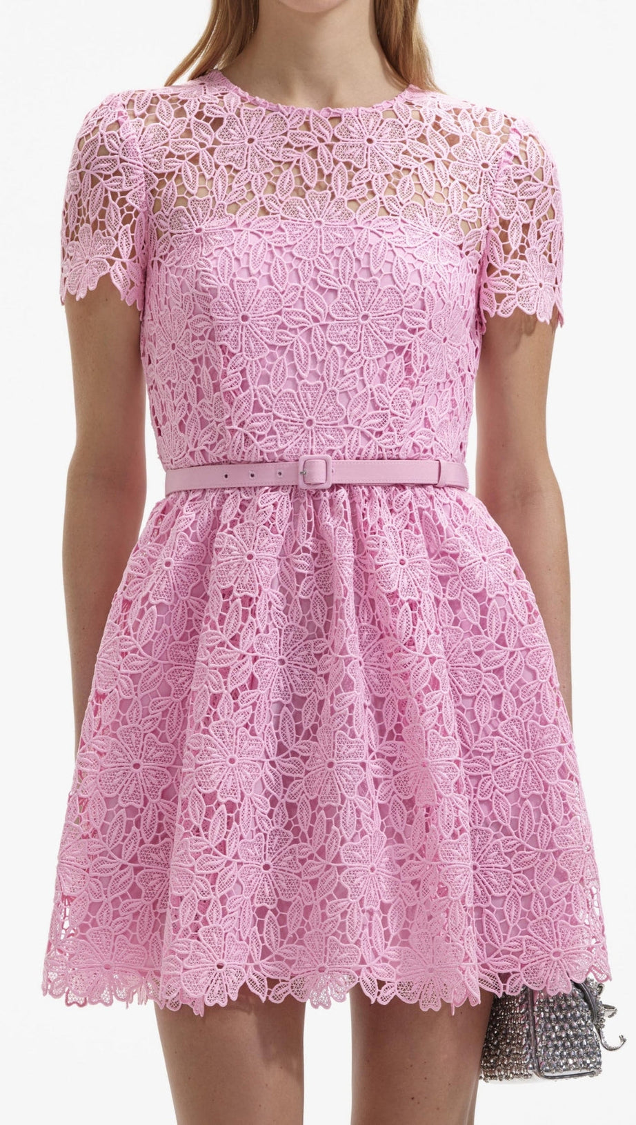 PINK GUIPURE ROUND NECK MINI DRESS