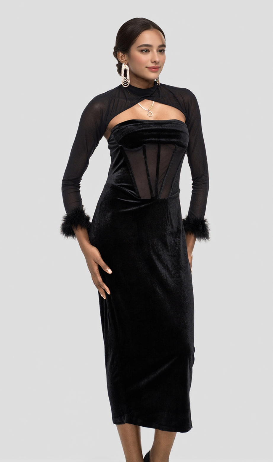 SAMT-KORSETT-MAXIKLEID IN SCHWARZ 