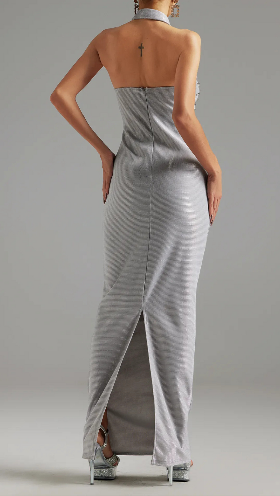 DIAMOND EMBELLISHED HALTER MAXI DRESS IN SILVER
