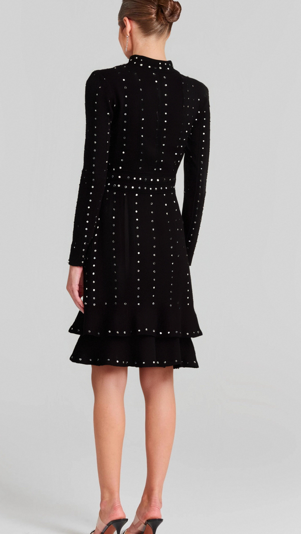 AIIZIE FABIENNE BLACK EMBELLISHED RUFFLED KNITTED MINI DRESS - product image