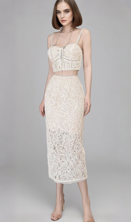 WHITE LACE TOPS FLOWER HOLLOW SKIRTS SUITS
