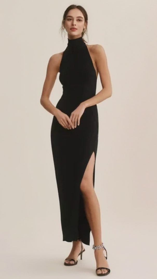 AIIZIE OPEN-BACK STRETCH-JERSEY HALTERNECK MAXI DRESS IN BLACK - product image