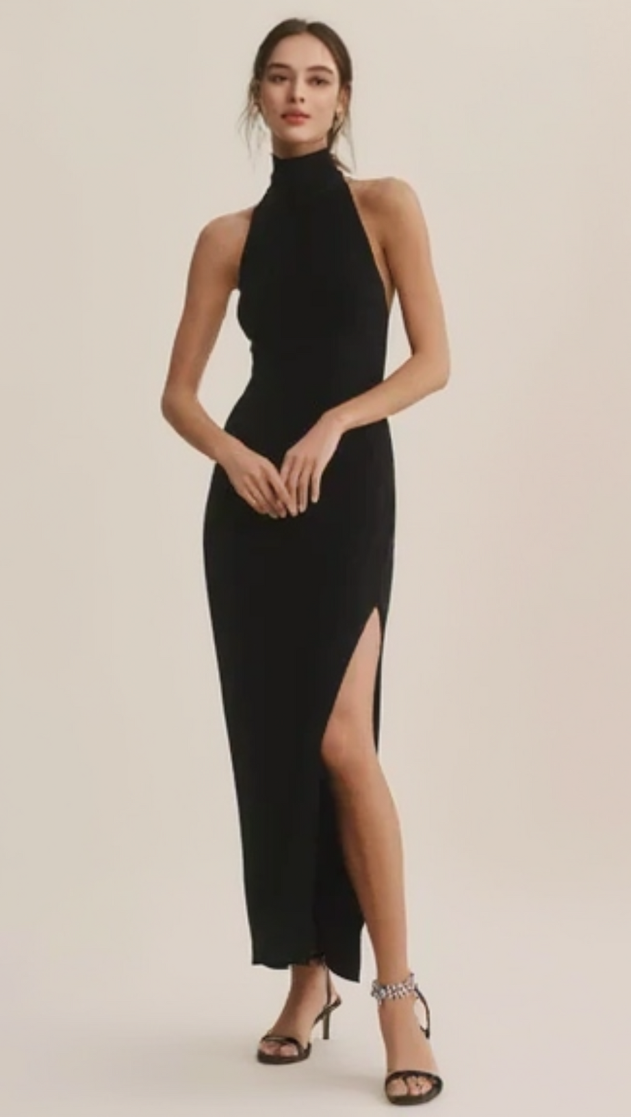 Abito lungo in jersey elasticizzato con scollo all'americana e schiena scoperta, nero 