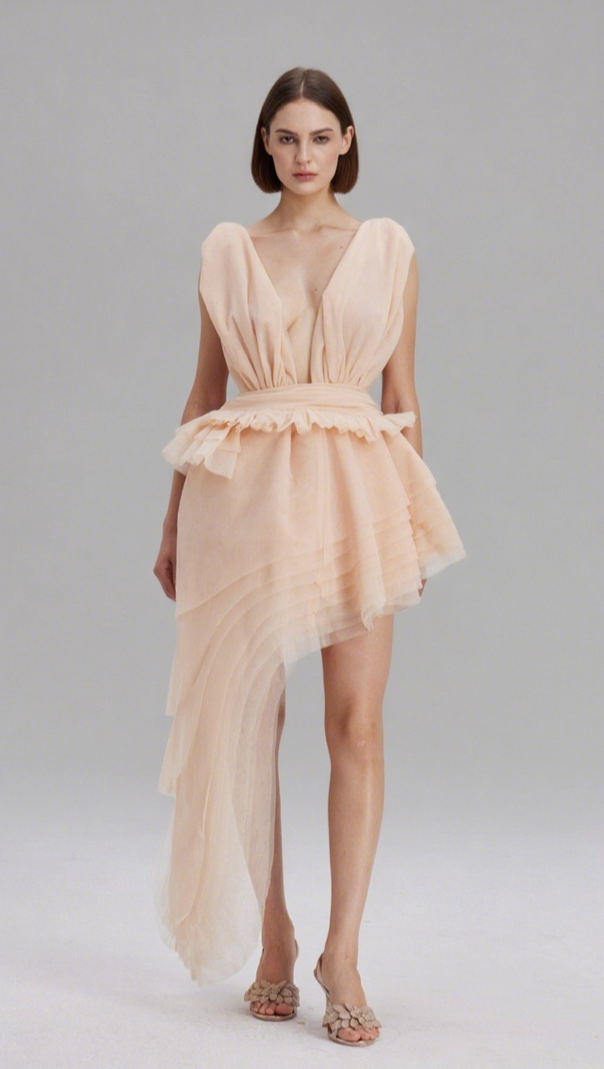 AIIZIE BOSMAT RUCH MESH ASYMMETRIC MINI DRESS IN APRICOT - product image
