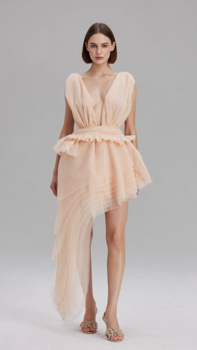 BOSMAT RUCH MESH ASYMMETRIC MINI DRESS IN APRICOT