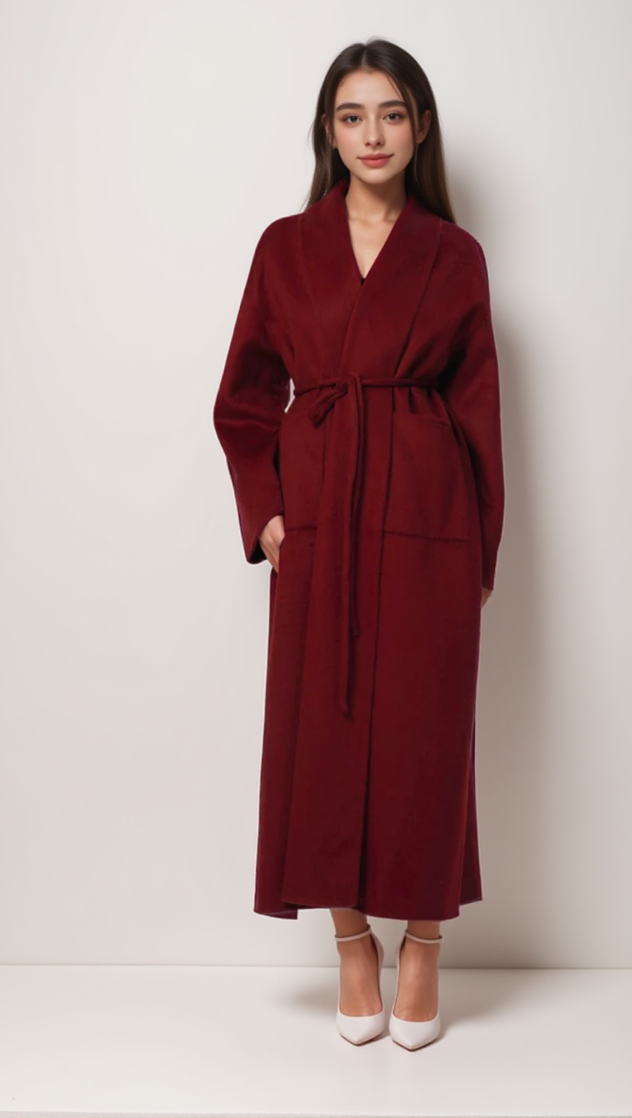 LUXURIOUS DEEP RED BELTED WOOL COAT WITH OVERSIZED FIT