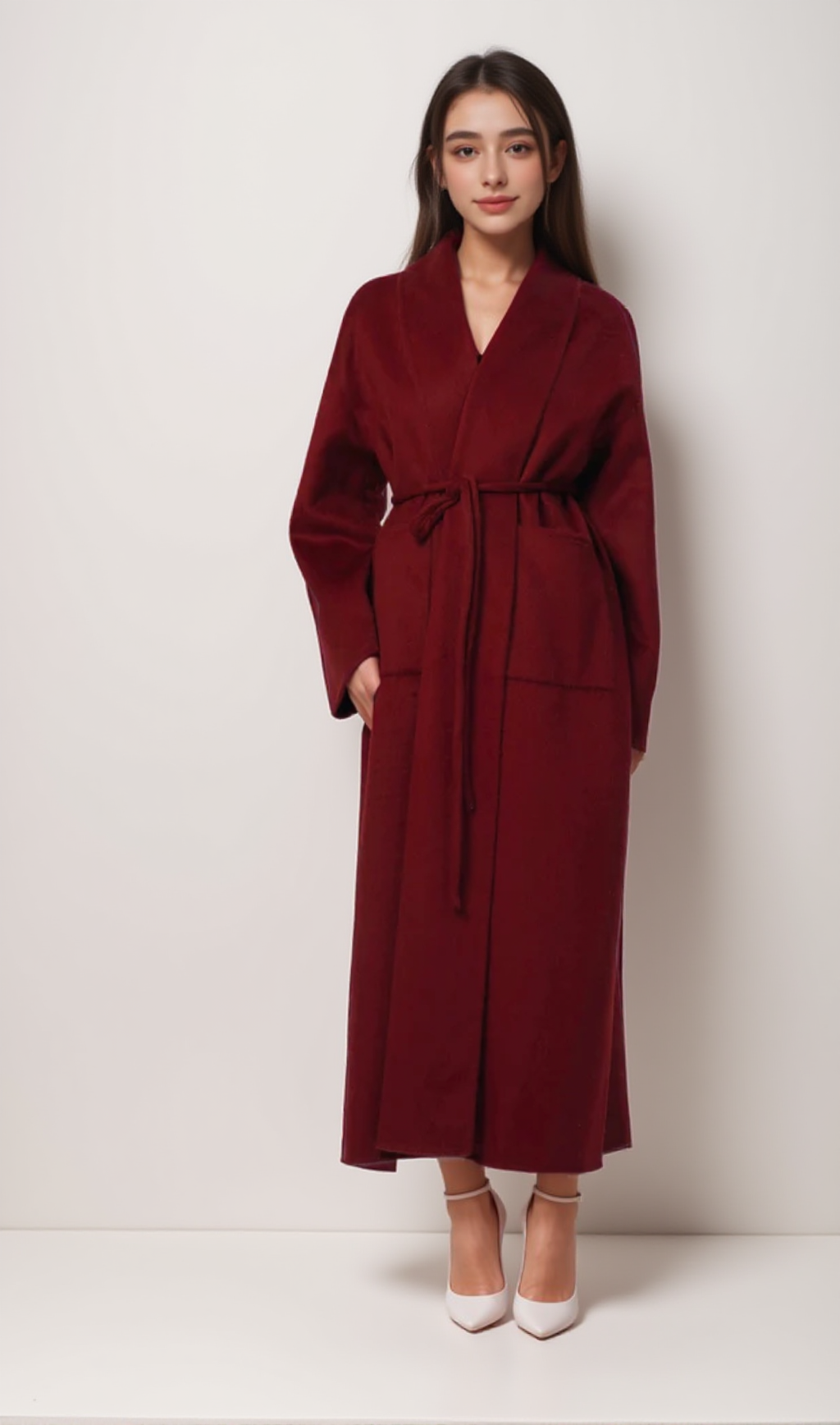 LUXURIOUS DEEP RED BELTED WOOL COAT WITH OVERSIZED FIT