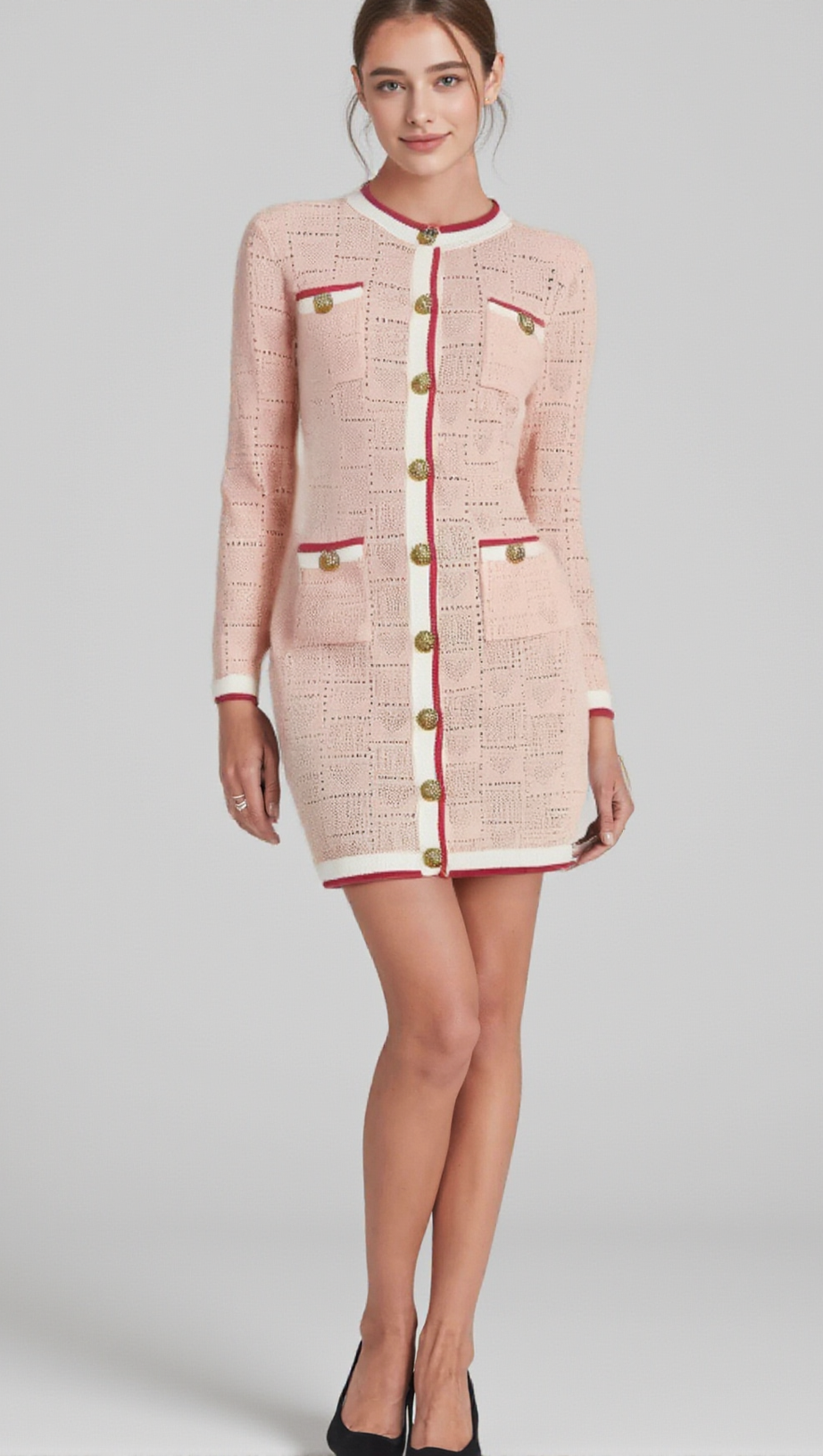 KARINE PINK LONG-SLEEVE PATTERNED-KNIT MINI DRESS
