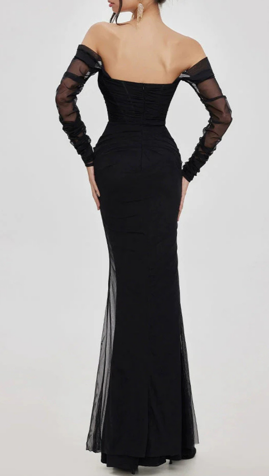 ARIEL BLACK MESH OFF-SHOULDER MERMAID MAXI DRESS