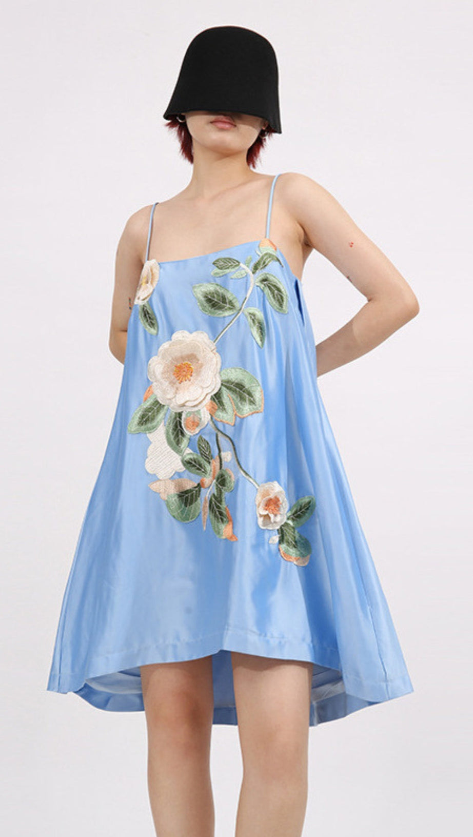 EDWINA APPLIQUE FLORAL EMBROIDERED MINI DRESS IN BLUE