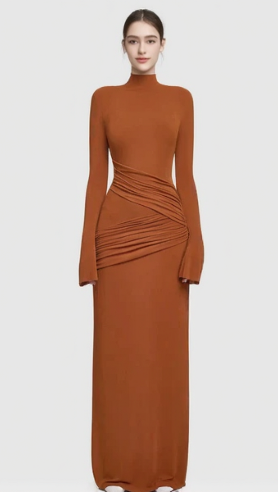 HALF TURTLENECK PLEATED BODYCON MAXI DRESS