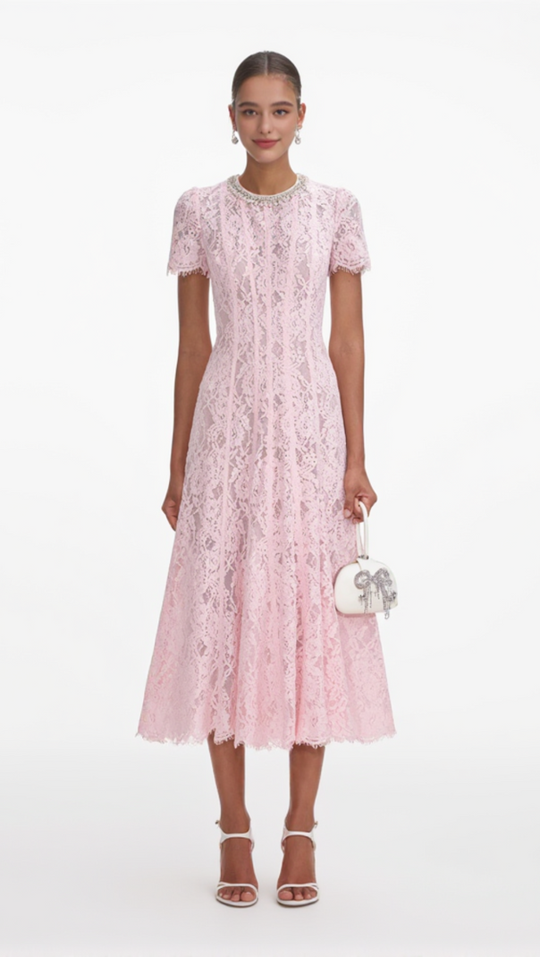 AIIZIE SEQUIN FLORAL LACE MIDI DRESS IN PINK - product image