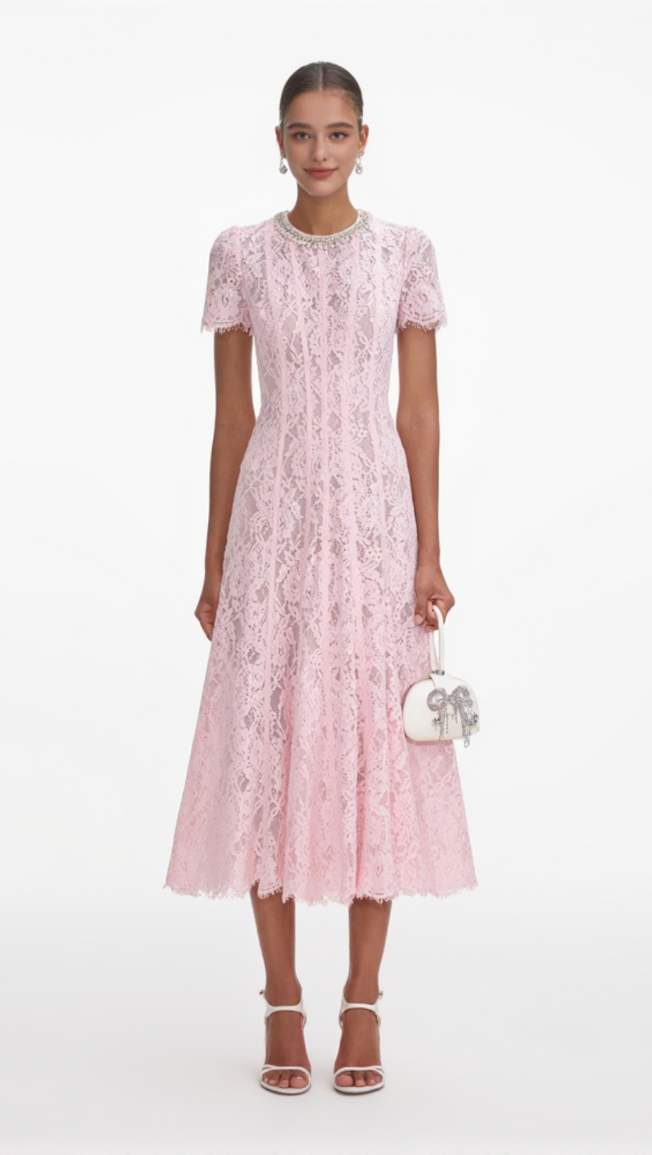 Midikleid aus floraler Spitze mit Pailletten in Rosa