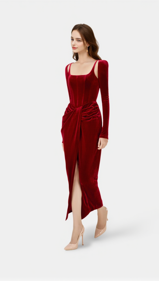 AIIZIE BORDEAUX VELVET DRAPED MIDI DRESS - product image