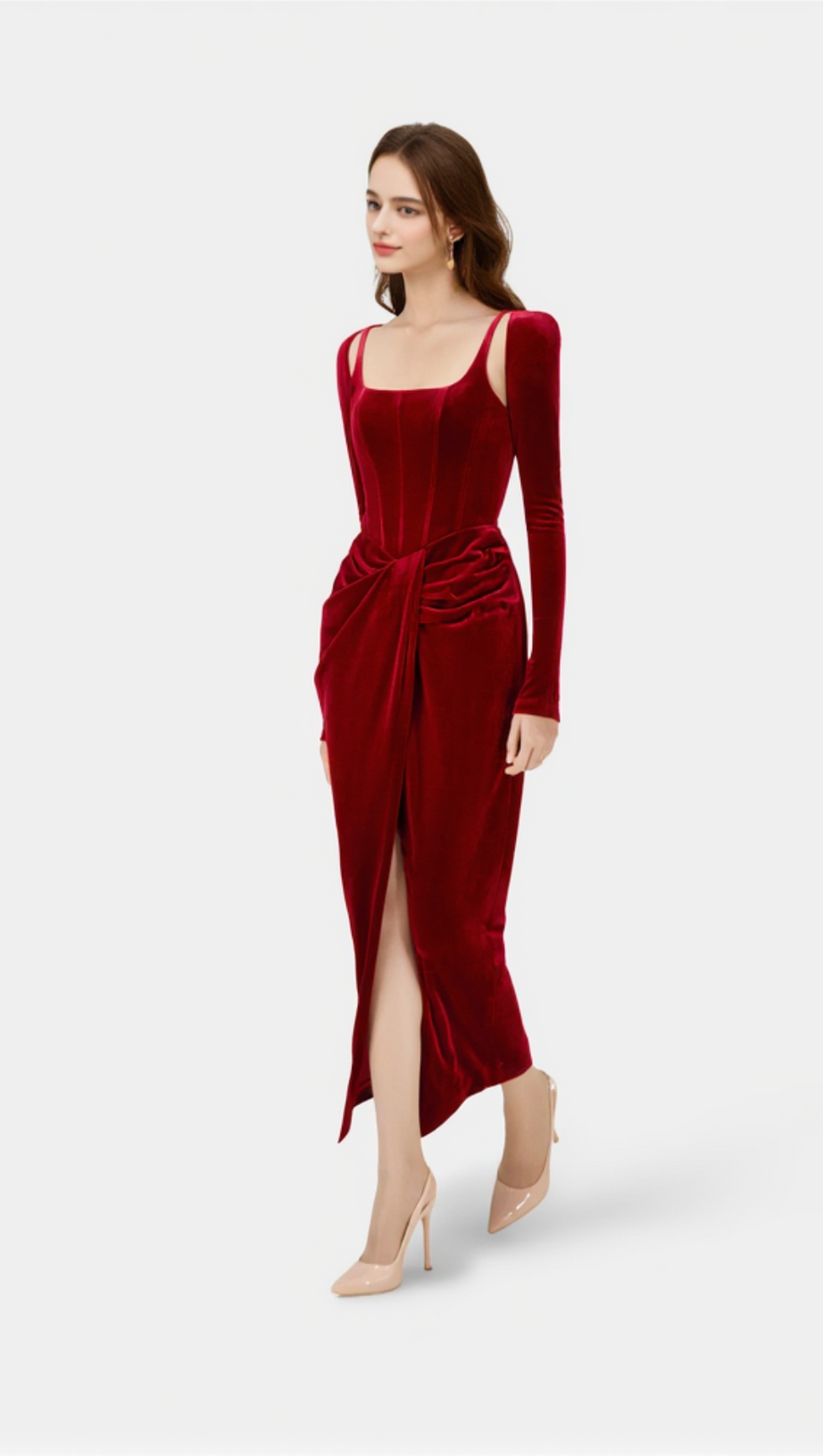 BORDEAUX VELVET DRAPED MIDI DRESS