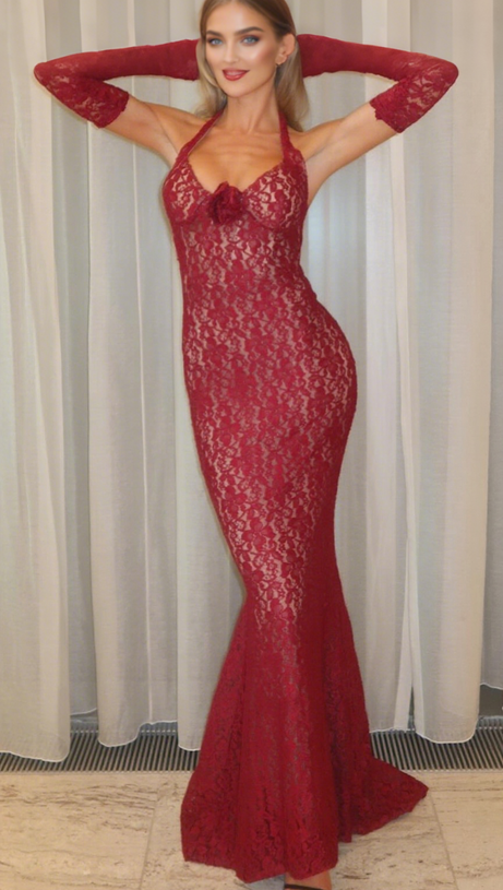 EARTHA HALTER FLORAL LACE MAXI DRESS IN BURGUNDY