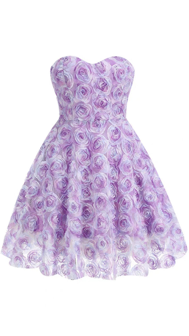AIIZIE 3D ROSE FLOWER STRAPLESS MIDI DRESS IN PURPLE - product image