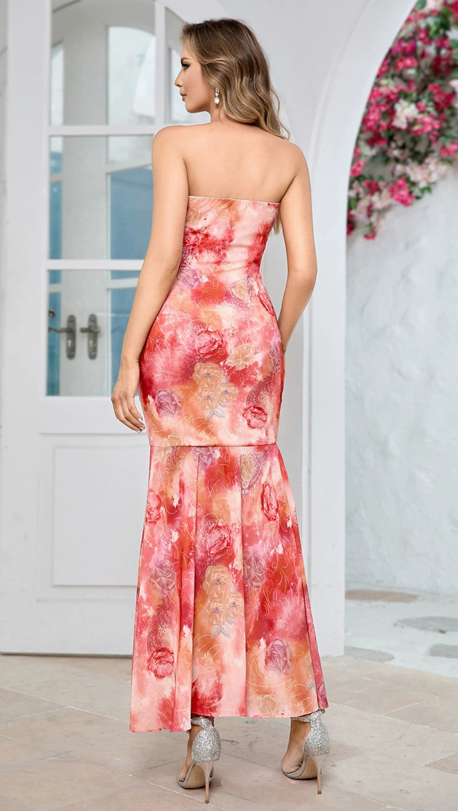 STRAPLESS PRINTED BODYCON KNOT MIDI DRESS